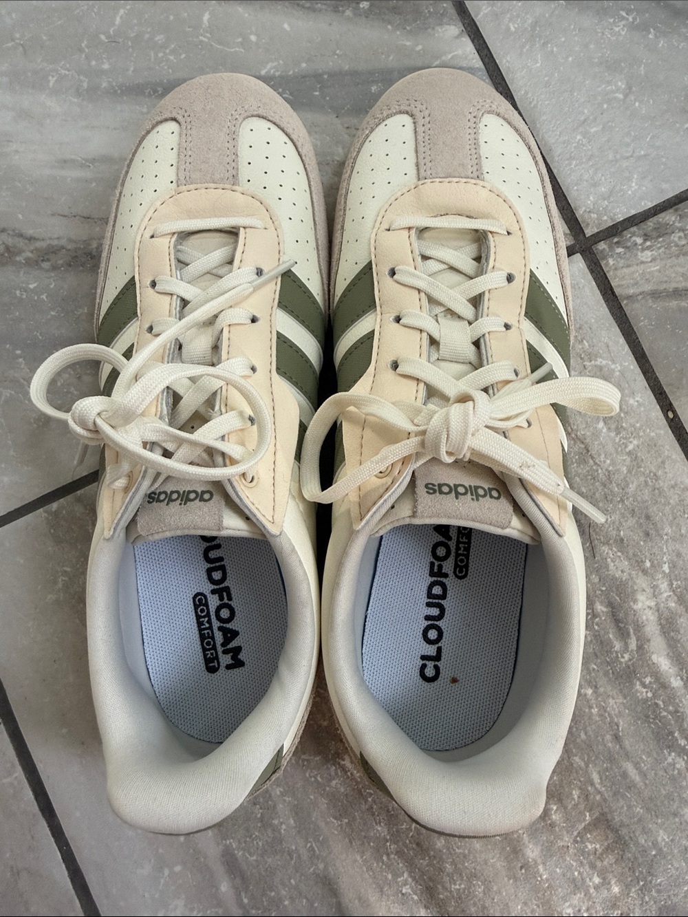 adidas womens Cloudfoam Sneakers in Cream & Olive - worn once
